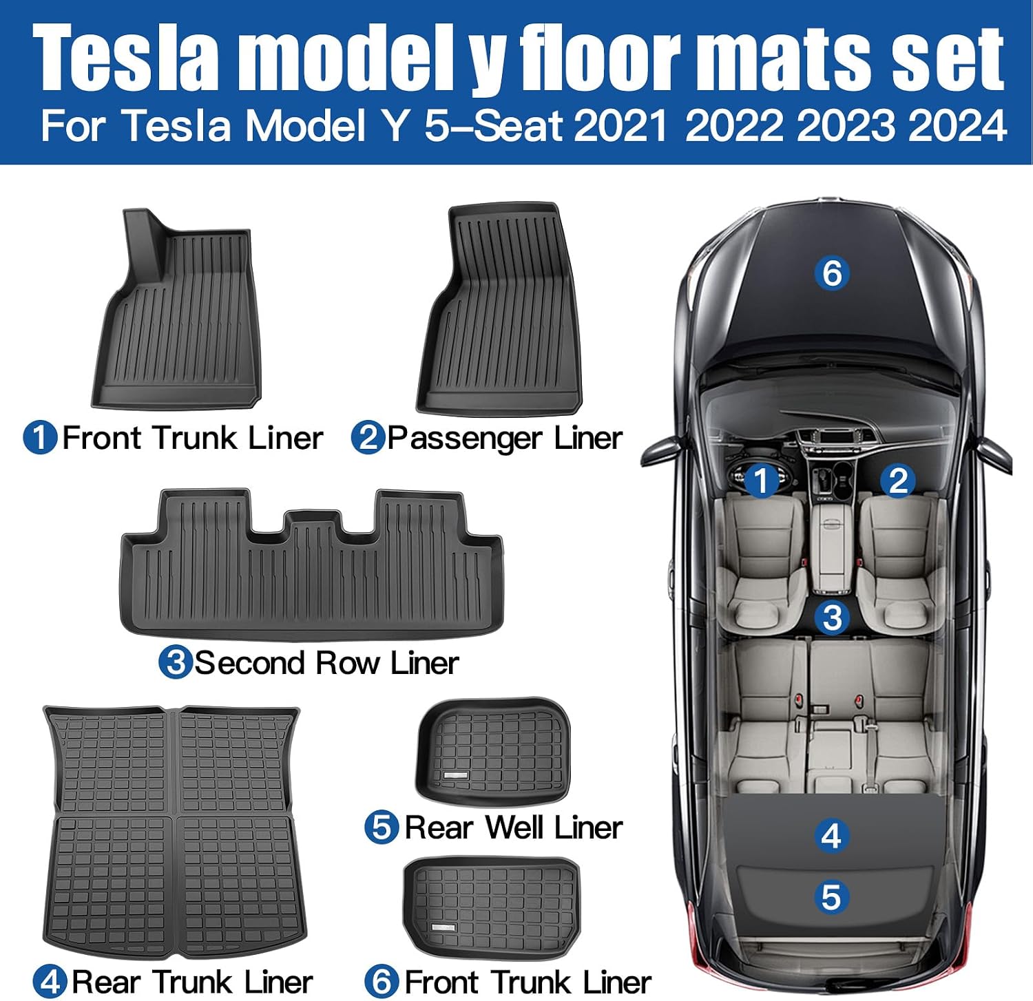 DEDC 6PCS Compatible with Tesla Model Y Floor Mat Full Set Mats Heavy Duty All-Weather Waterproof Protect Cargo Liner Accessories Fit for 5-Seater Model Y 2020-2024