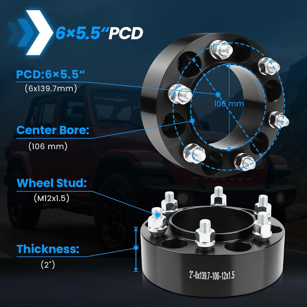 6x5.5 Wheel Spacers Hubcentric Real Forged Spacers Center Bore 106mm M12x1.5 Studs for Tacoma, 2'(50.8mm) 4Runner GX460 Tundra FJ Cruiser GX470 Sequoia Fortuner Ventury for 6 lug Set of 4 Black