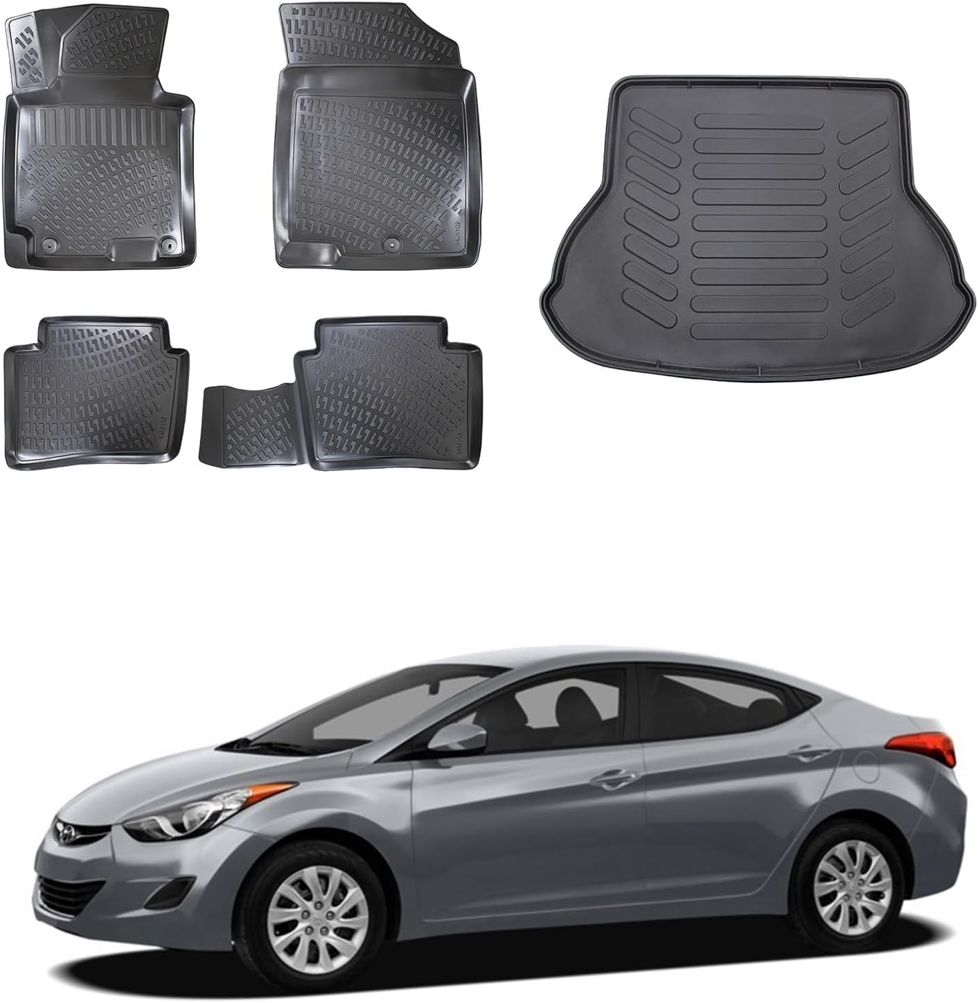 Floor Mats & Cargo Liner Set for Hyundai Elantra 2011-2016 | Black TPE All Weather Custom Fit Floor Liner for 1st 2nd Rows and Trunk Car Mats