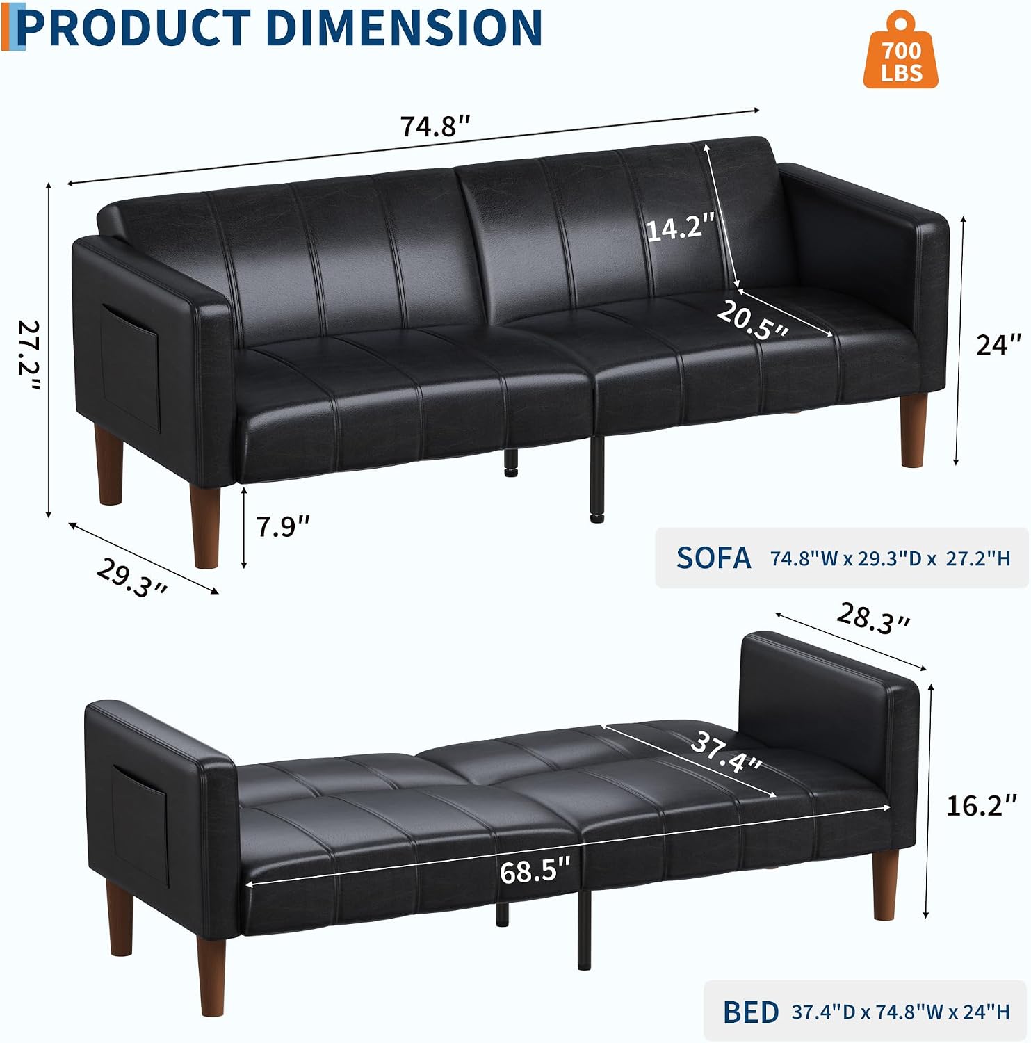 GarveeHome Futon Sofa Bed, 75-Inch Modern Faux Leather Convertible Couch, Mid-Century Loveseat for Small Space, Living Room, Bedroom, Black