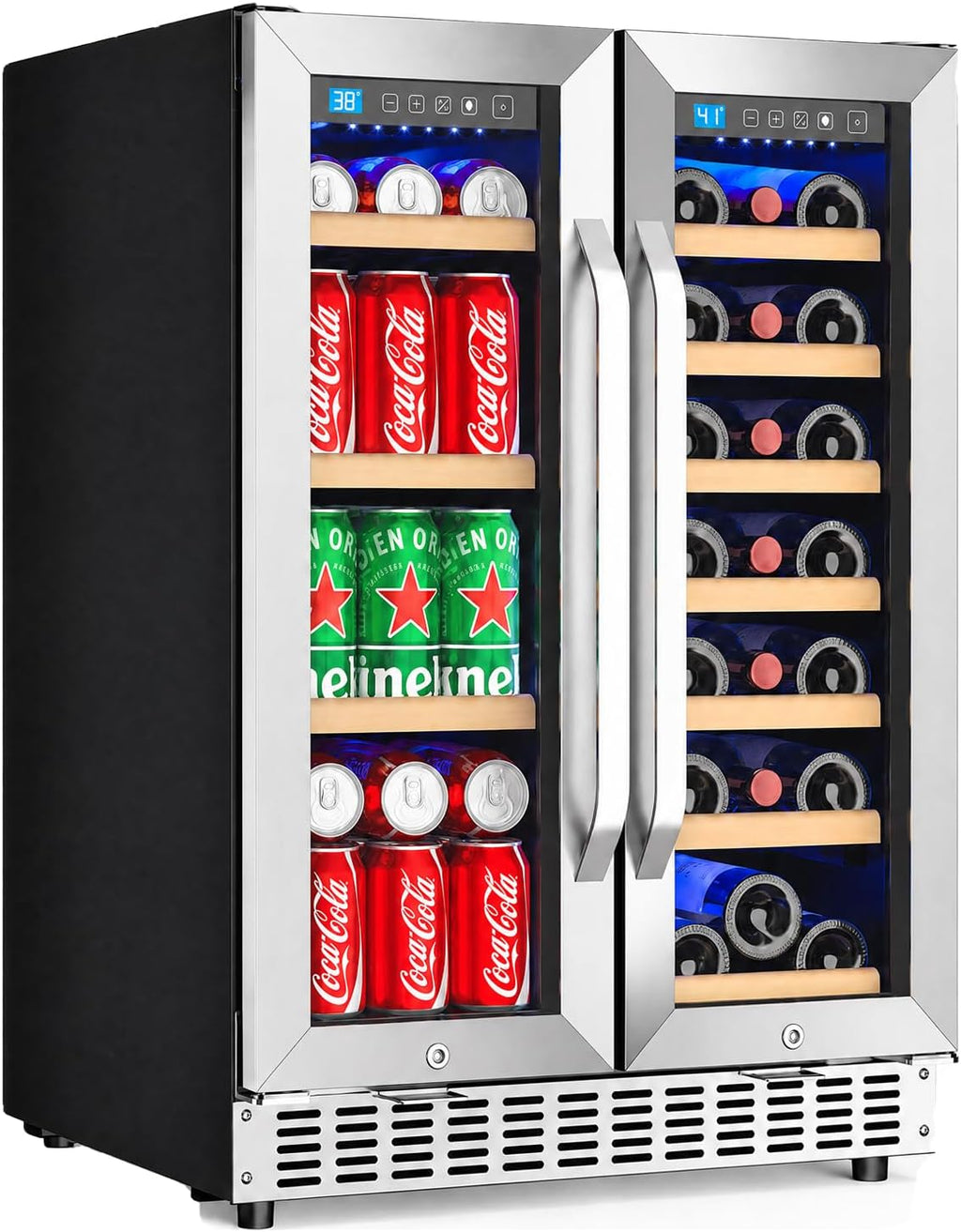 24 Inch Wine and Beverage Refrigerator with Glass Door, Dual Zone Wine Fridge Under Counter - 21 Bottle and 60 Can Large Capacity LED Blue Light Smart Fast Cooling Wine Cooler Drink Fridge