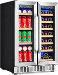 24 Inch Wine and Beverage Refrigerator with Glass Door, Dual Zone Wine Fridge Under Counter - 21 Bottle and 60 Can Large Capacity LED Blue Light Smart Fast Cooling Wine Cooler Drink Fridge