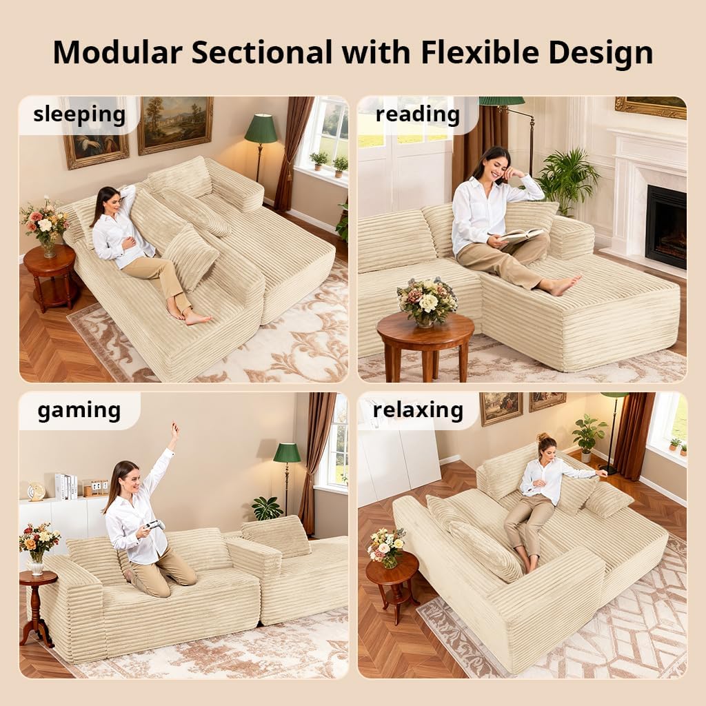 COMHOMA 105'Modular Sectional Sofa with Deep Seat,Cloud Upholstered L-Shape Couch Wide Arms Corduroy Fabric High-Density Foam Chaise Lounge for Living Room No Assembly Required