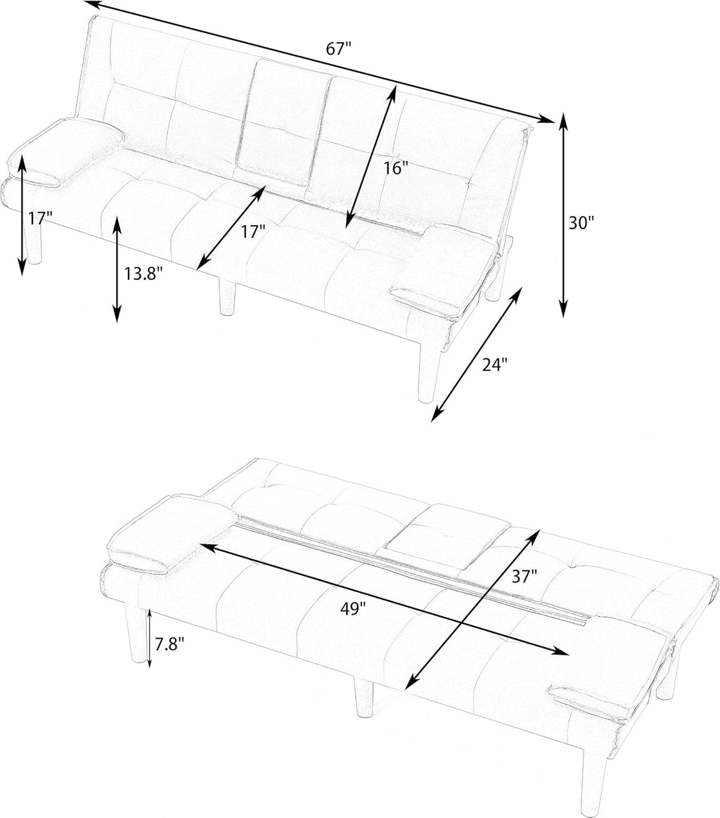 KEIKI 3 in 1 Convertible Sleeper Sofa Bed with Cup Holder, Futon Sofa Bed for Living Room, Dorm or Home Office, Blue