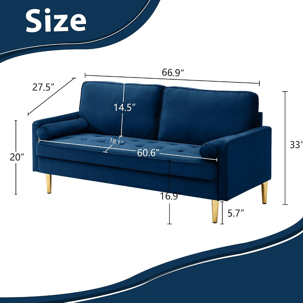 67' Modern Velvet Loveseat Sofa Couch, Mid-Century Tufted Upholstered Small Love Seat Couch with 2 Pillows & 4 Golden Legs, 2-Seats Couches for Compact Space, Living Room, Apartment (Navy)