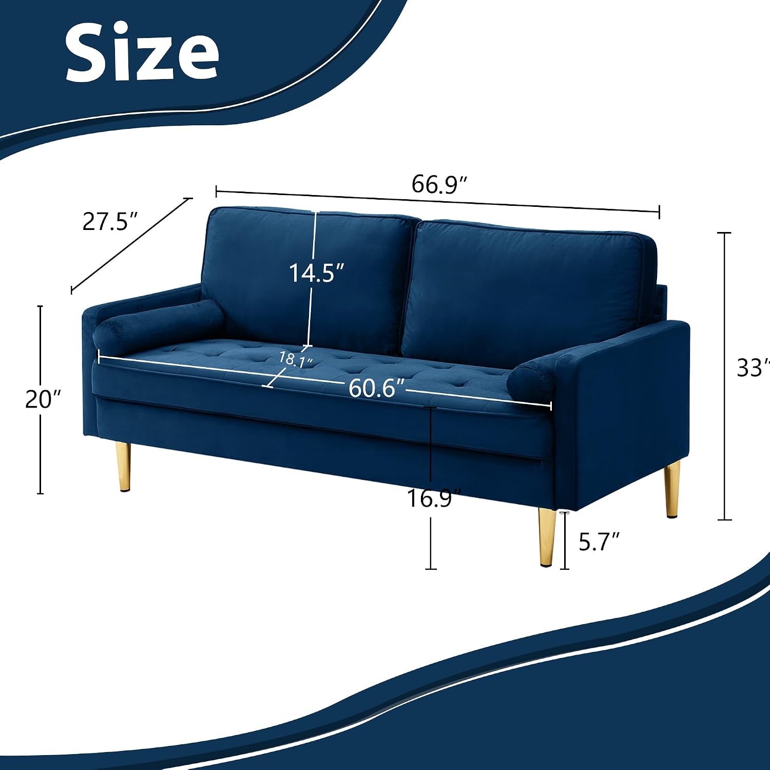 67' Modern Velvet Loveseat Sofa Couch, Mid-Century Tufted Upholstered Small Love Seat Couch with 2 Pillows & 4 Golden Legs, 2-Seats Couches for Compact Space, Living Room, Apartment (Navy)