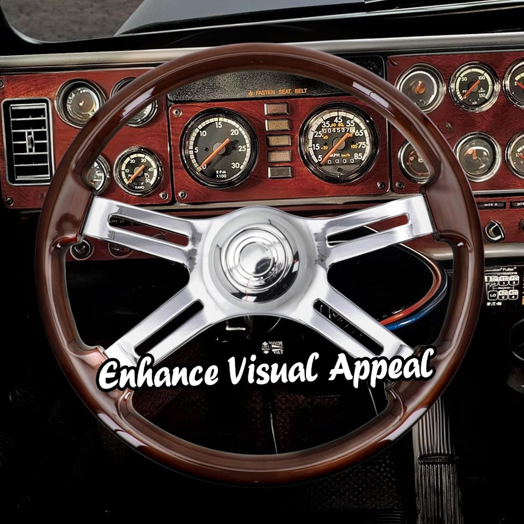 Sorghum 18' Solid Wood Steering Wheel - 4 Spokes Aluminum Chrome Classic Steering Wheel with Horn Button for Semi-Trailers Trucks Compatible with Mack Kenworth Peterbilt Volvo Freightliner
