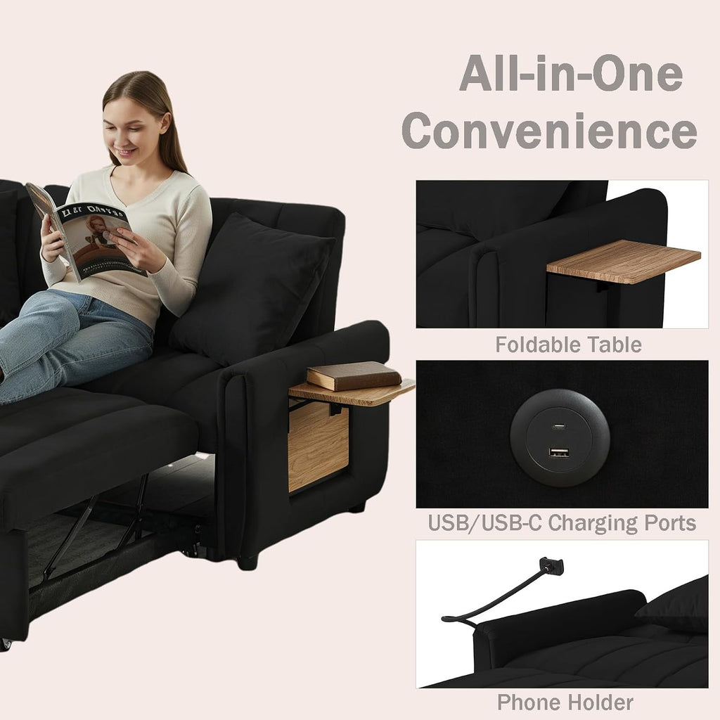 Convertible Sofa Bed, Pull Out Couch with 3-Position Reclining Backrest, Modern Velvet Upholstery Futon Sofa Bed, Loveseat Couch for Living Room, Apartments & Guest Rooms (Black-2)