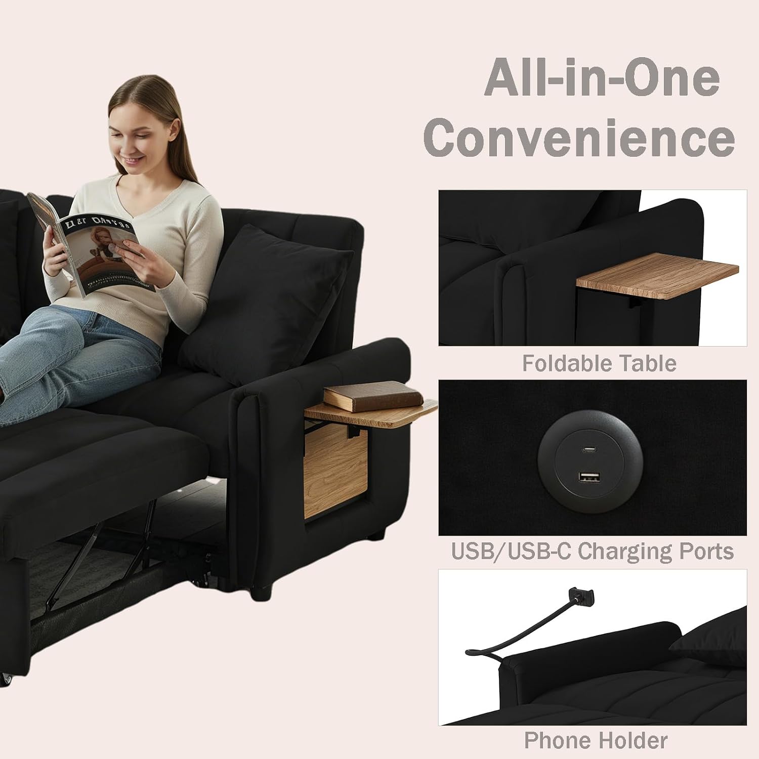 Convertible Sofa Bed, Pull Out Couch with 3-Position Reclining Backrest, Modern Velvet Upholstery Futon Sofa Bed, Loveseat Couch for Living Room, Apartments & Guest Rooms (Black-2)