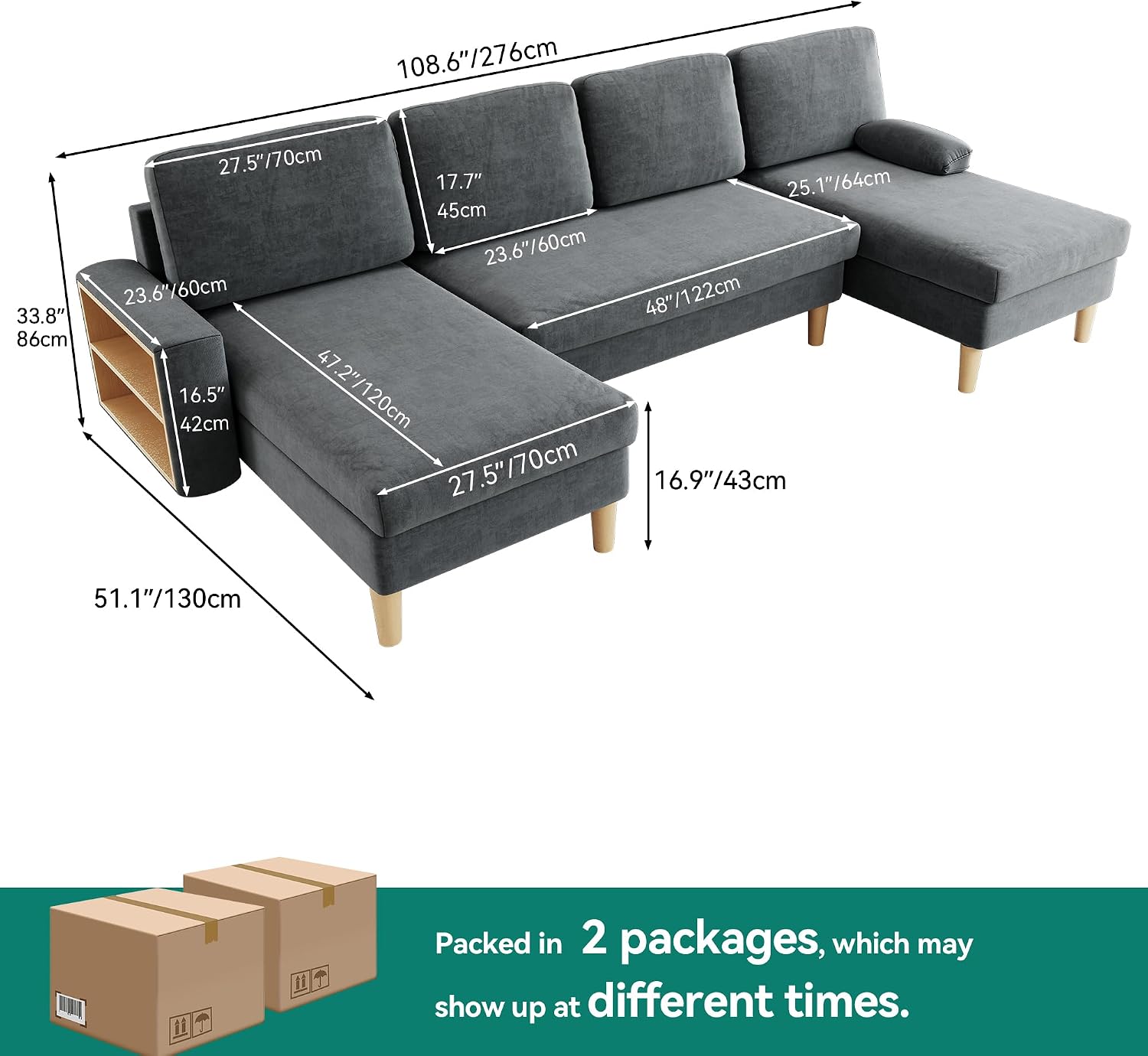 YITAHOME 109' U-Shaped Couch, 4-Seat Cloud Sofa with Dual Chaise Lounges, Storage Armrest, Cup Holder & Thick Cushions for Living Room
