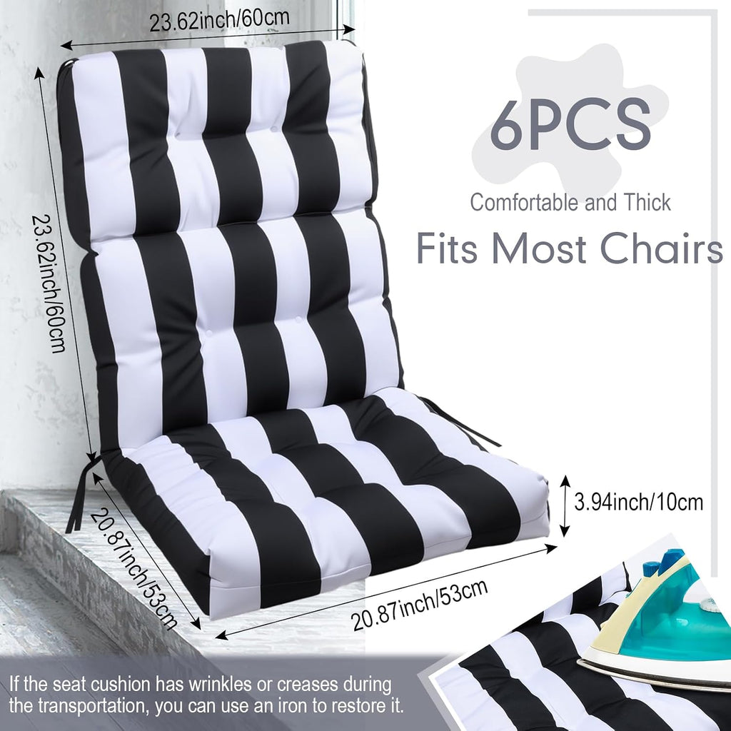Hoteam 6 Pcs High Back Chair Cushions Set - 44'' x 21'' Indoor Outdoor Waterproof Soft Thicken Stripes Replaceable Cushion for Garden Summer Rocking Chair, Patio Furniture (Black Stripes)