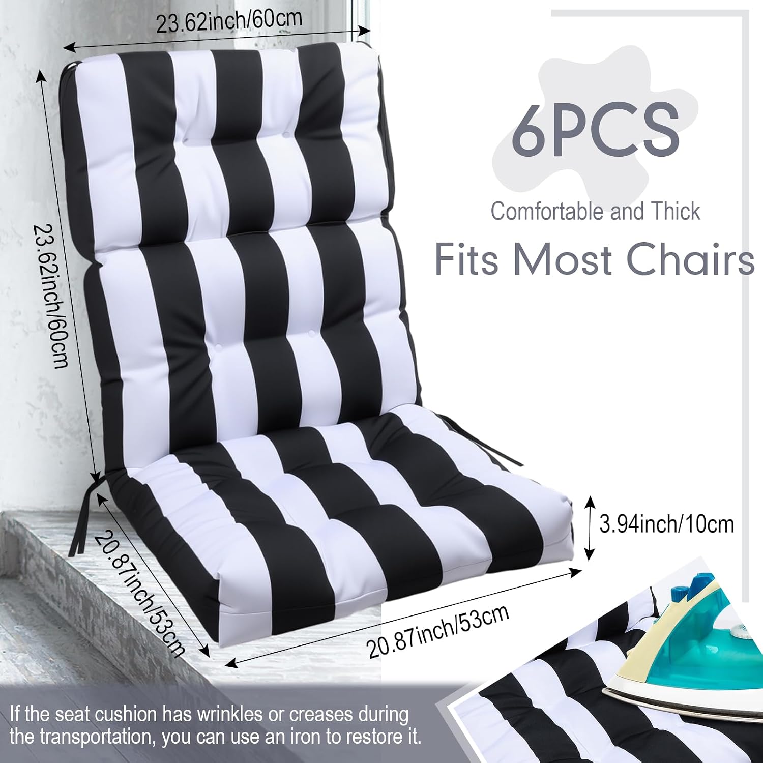 Hoteam 6 Pcs High Back Chair Cushions Set - 44'' x 21'' Indoor Outdoor Waterproof Soft Thicken Stripes Replaceable Cushion for Garden Summer Rocking Chair, Patio Furniture (Black Stripes)