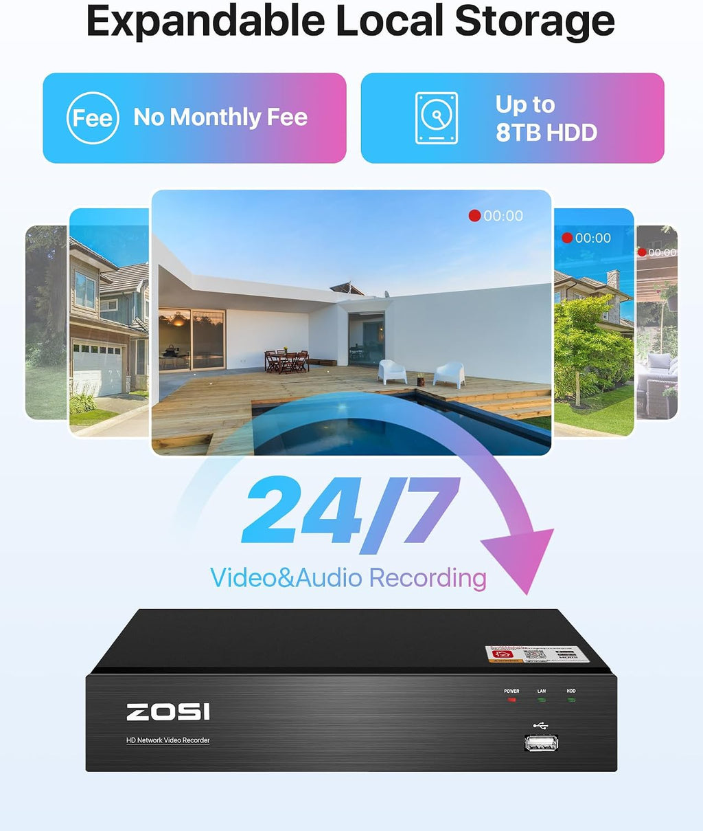 ZOSI 8CH 4K PoE Security Camera System, 2TB Hard Drive, Person Vehicle Detection,4pcs 4K Indoor Outdoor PoE IP Dome Cameras with 2 Way Audio,Color Night Vision,8 Ports 16CH 8MP NVR for 24-7 Recording
