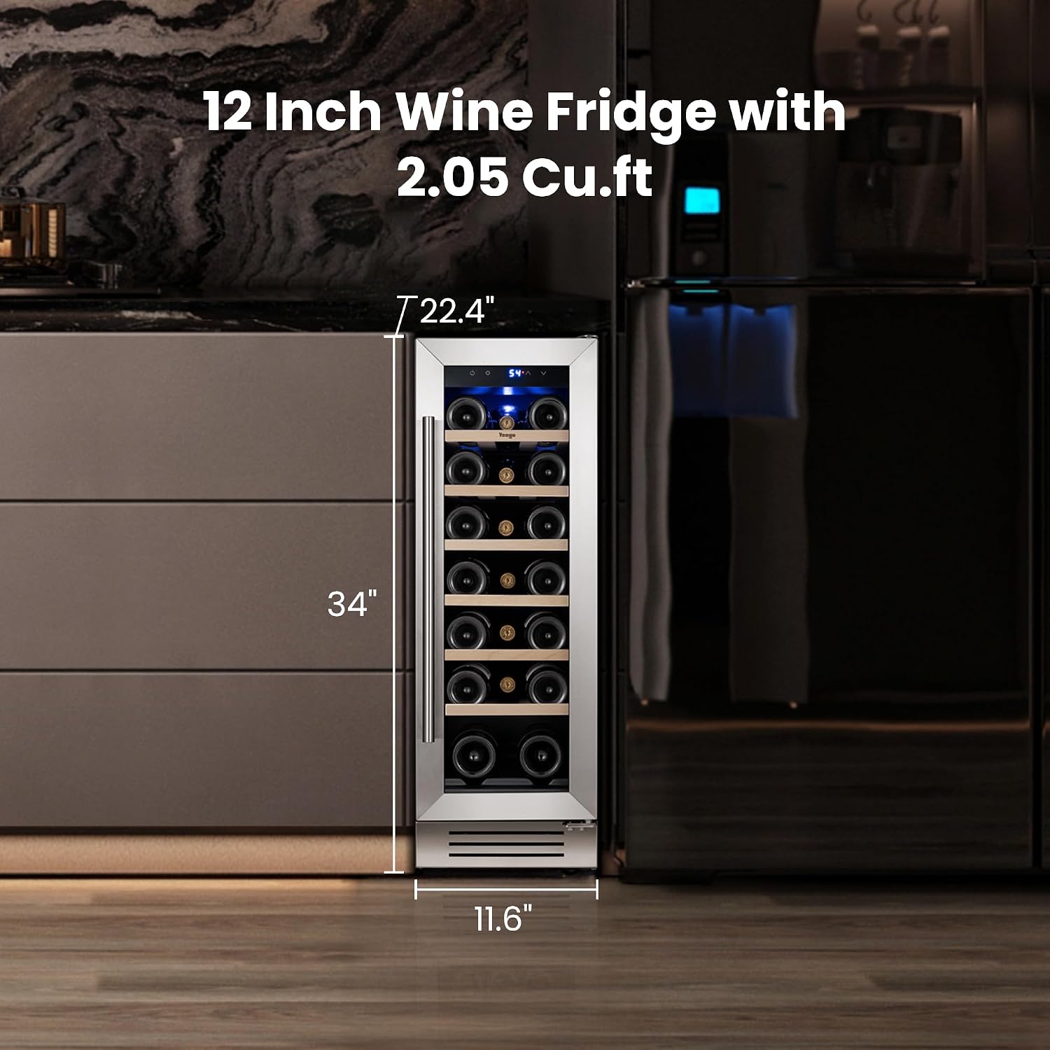 Yeego Wine Fridge Cooler - 12 Inch Wine Fridge Hold 20 Bottles, 40-65°F Wine Refrigerator Glass Door, Built in Fridge, Freestanding or Adjustable Shelves Fridge for Home Bar Office