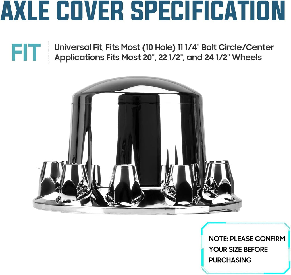 Rear Axle Wheel Covers Kit 33mm Axle Cover Chromed Thread-On Standart Lug Nut Covers with Removable Hub Caps for Semi Truck (Installation Tool Included)