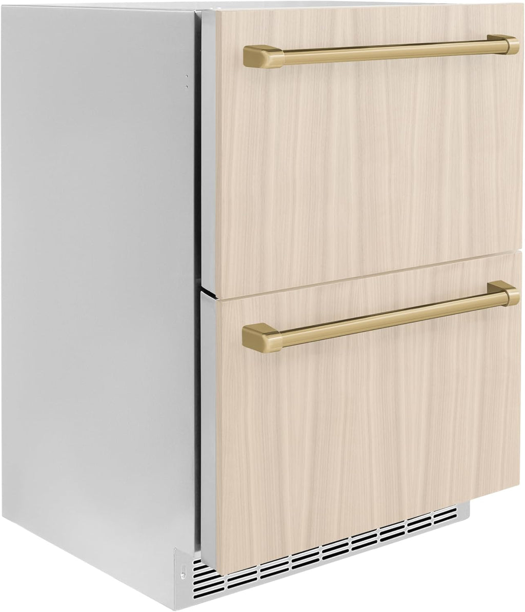 ZLINE Autograph Edition 24 in. Touchstone 168 Can Outdoor-Rated Dual Refrigerator Drawer with Panel-Ready Doors and Champagne Bronze Handles (RDSPOZ-24-CB)