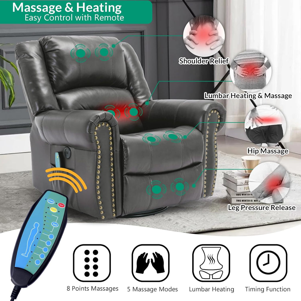 VIVIJASON Massage Swivel Rocker Recliner Chair with Heat & Vibration, 360° Swivel Manual Glider Rocking Reclining Chair with Remote Control, Side Pockets & USB Ports for Living Room, Gray