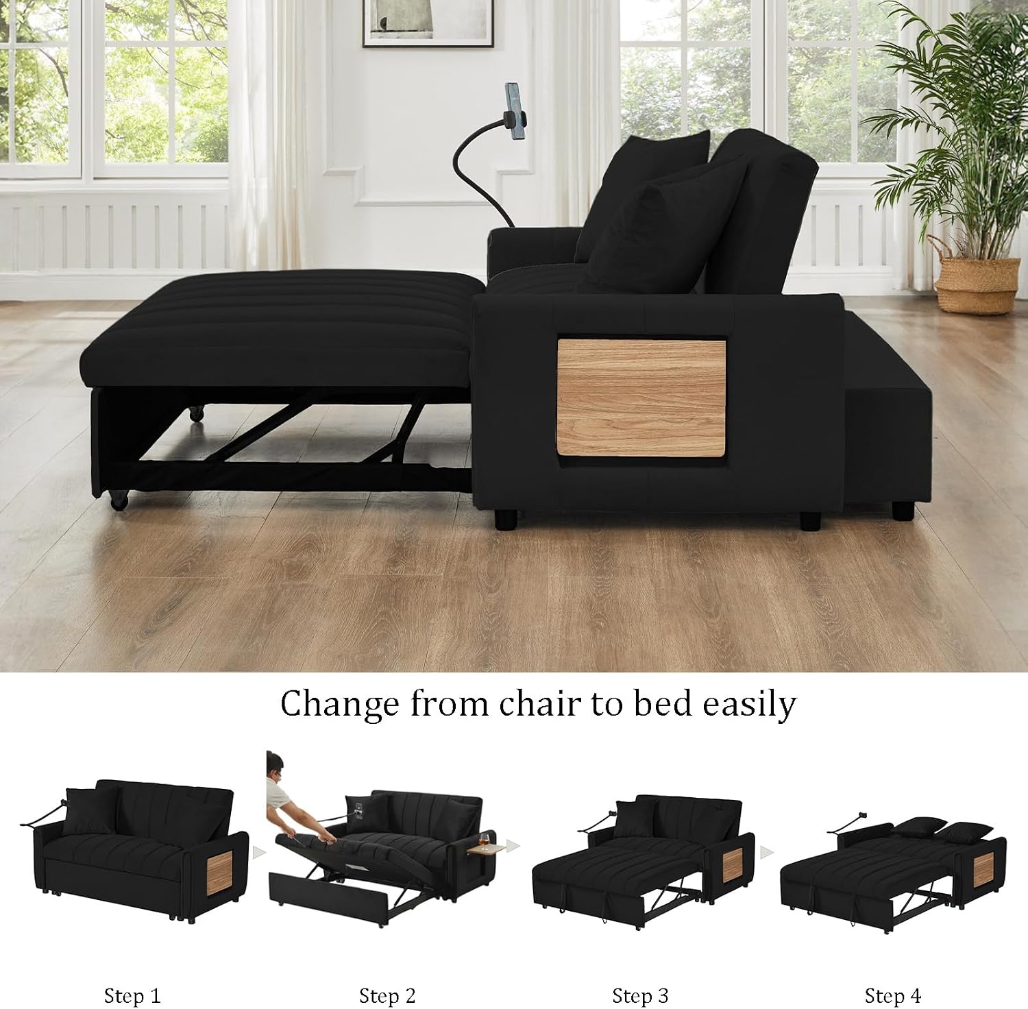 Convertible Sofa Bed, Pull Out Couch with 3-Position Reclining Backrest, Modern Velvet Upholstery Futon Sofa Bed, Loveseat Couch for Living Room, Apartments & Guest Rooms (Black-2)