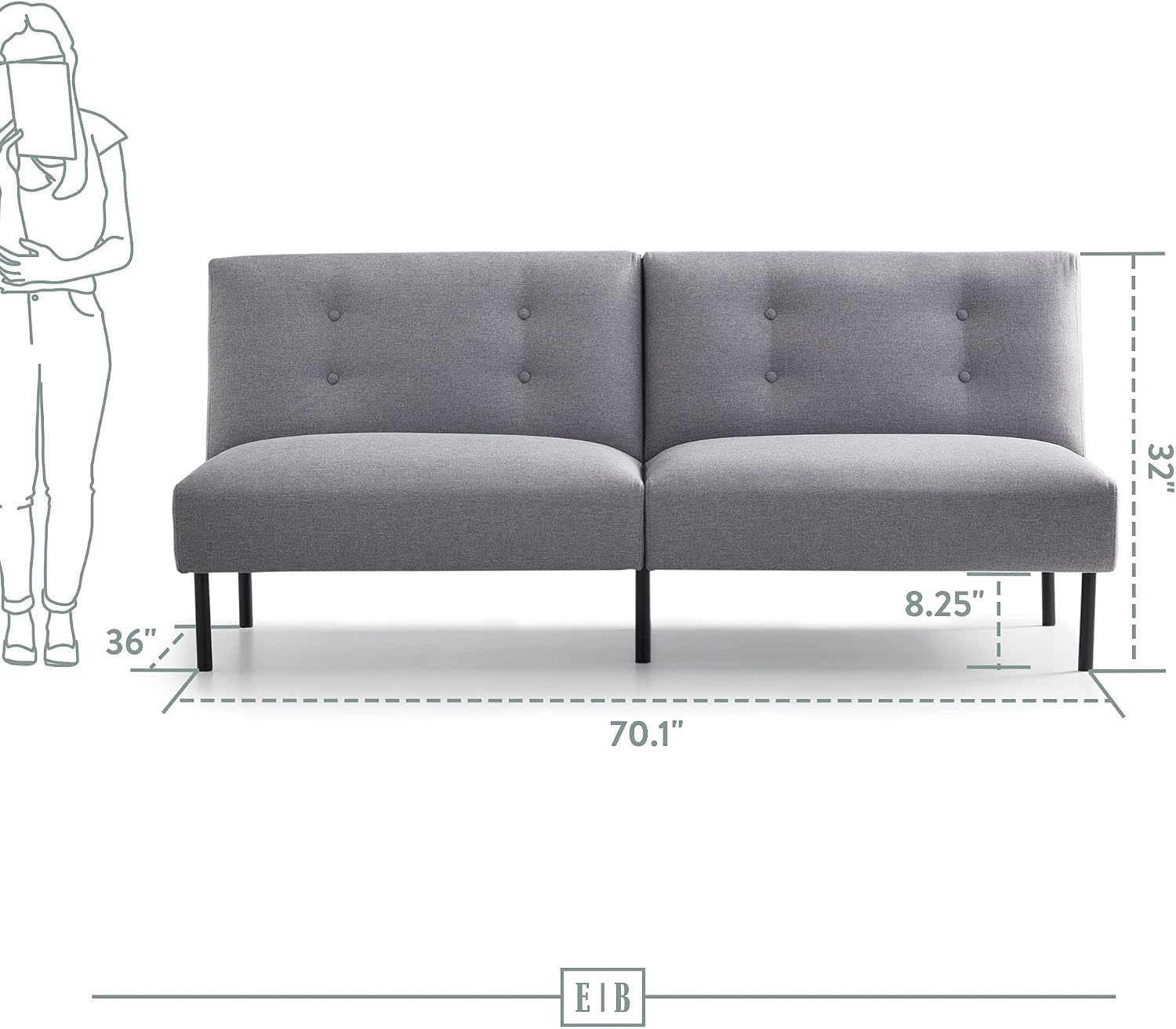 Edenbrook Gilman Futon - Sofa Bed Couch - Small Living Room Furniture - Armless Gray Linen