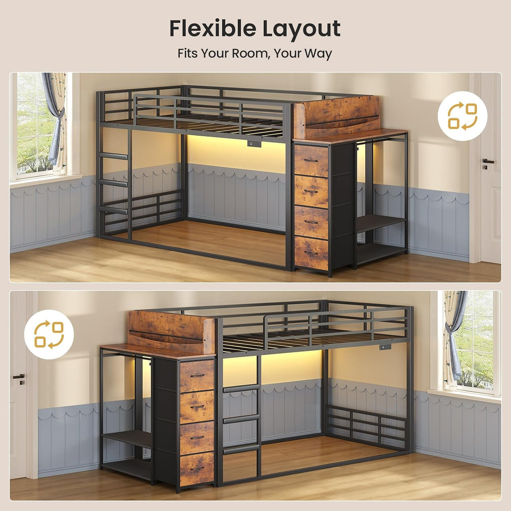 ADORNEVE Low Bunk Bed Twin Over Twin with Bookshelf, 4 Storage Drawers, Metal Kids Bunk Bed with Power Outlet & RGB Lights, Clothing Rack & Shelves, Safety Guardrail & Ladder, Black
