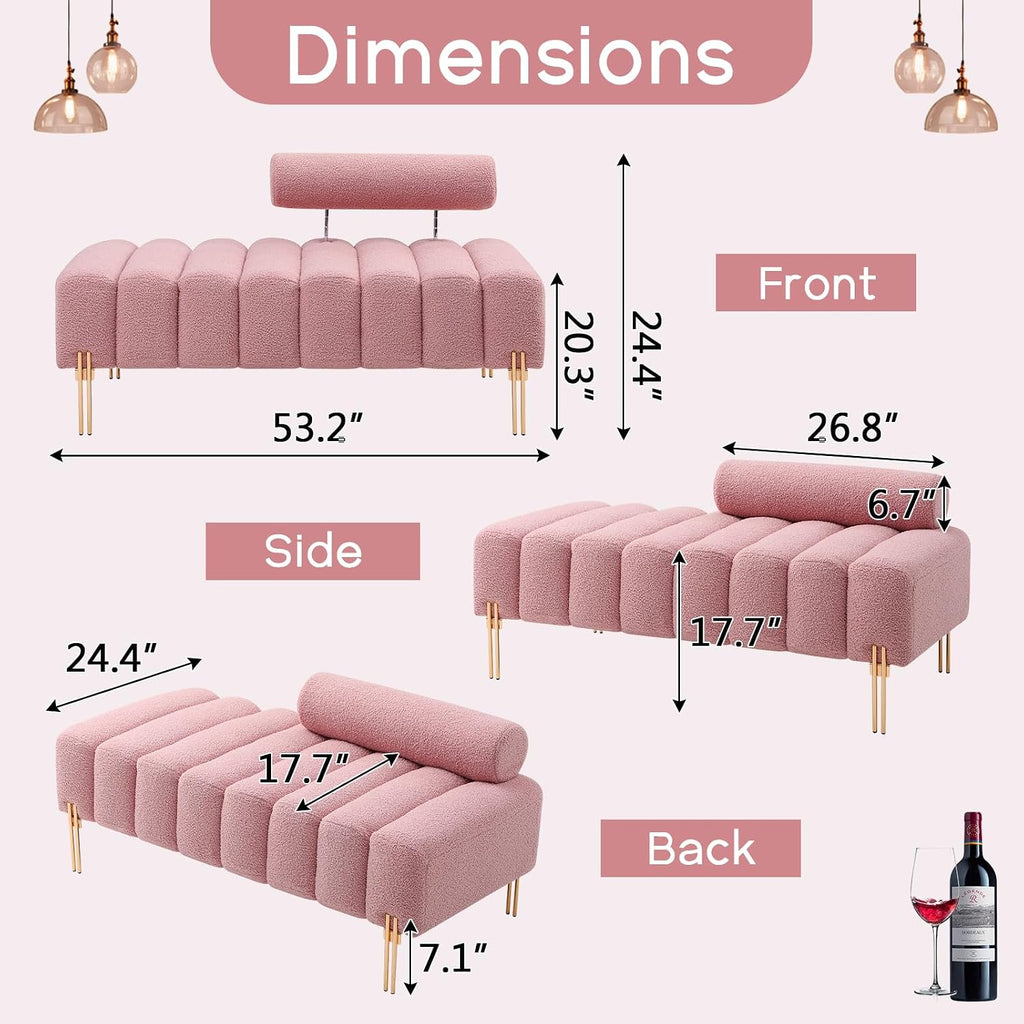 NIOIIKIT 53.2' Modern Loveseat Sofa Couch, Upholstered Accent Sofa with Golden Legs and Adjustable Backrest, Small Teddy Fleece Couches for Bedroom, Living Room, Compact Small Space (Pink Teddy)