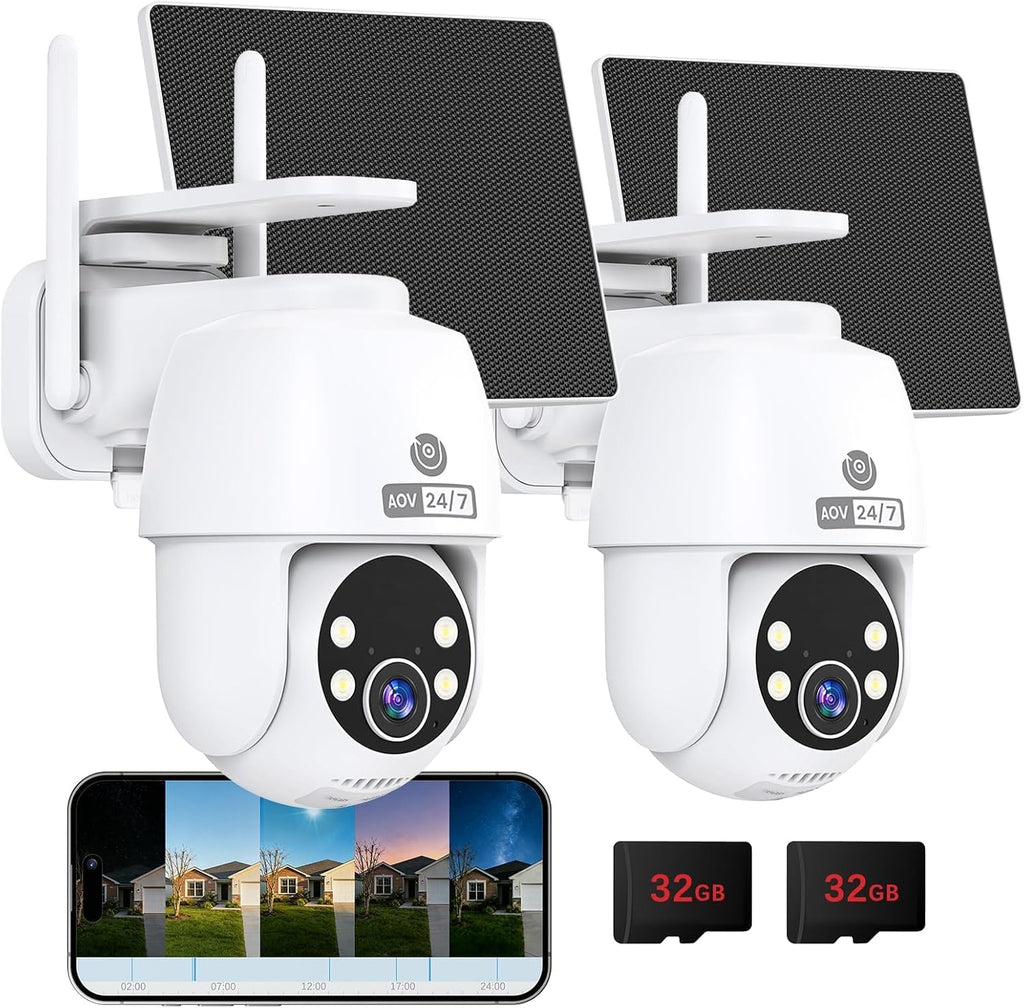 MUBVIEW 24/7 Continuous Recording Wireless Outdoor Security Camera, 2.4G WiFi, 2K Solar Powered, 360° PTZ, Auto Tracking, SD Included, Optional Cloud Storage, AI Detection, Night Vision(White,2 Packs)