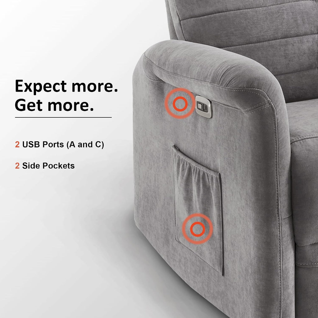 MCombo Power Swivel Glider Recliner Chair, Electric Rocker Recliner Chairs with USB Charging Ports for Living Room and Nursery, Fabric 7763 (Light Grey)