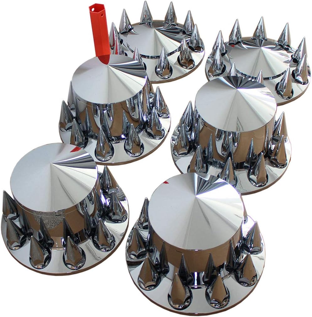 MRJLK Chrome ABS Complete Axle Cover Set with Hub Caps and 33mm Screw-On Spiked Lug Nut Covers for Semi Trucks (2 Front and 4 Rear)