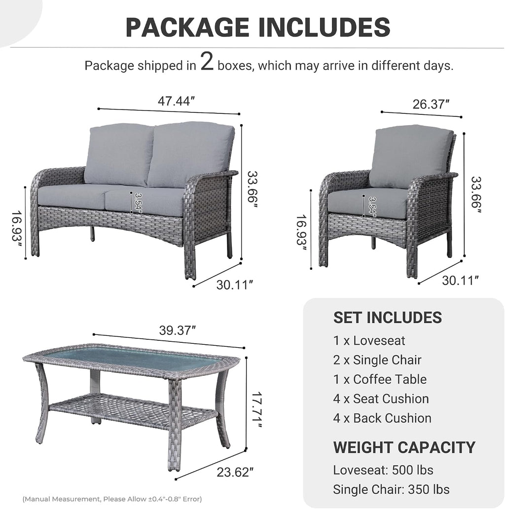 ovios 4-Piece Patio Furniture Set, Outdoor Wicker Sofa with Chairs Coffee Table, High Back Rattan Couch Loveseat with Comfy Cushions for Porch Yard Deck, Dark Grey