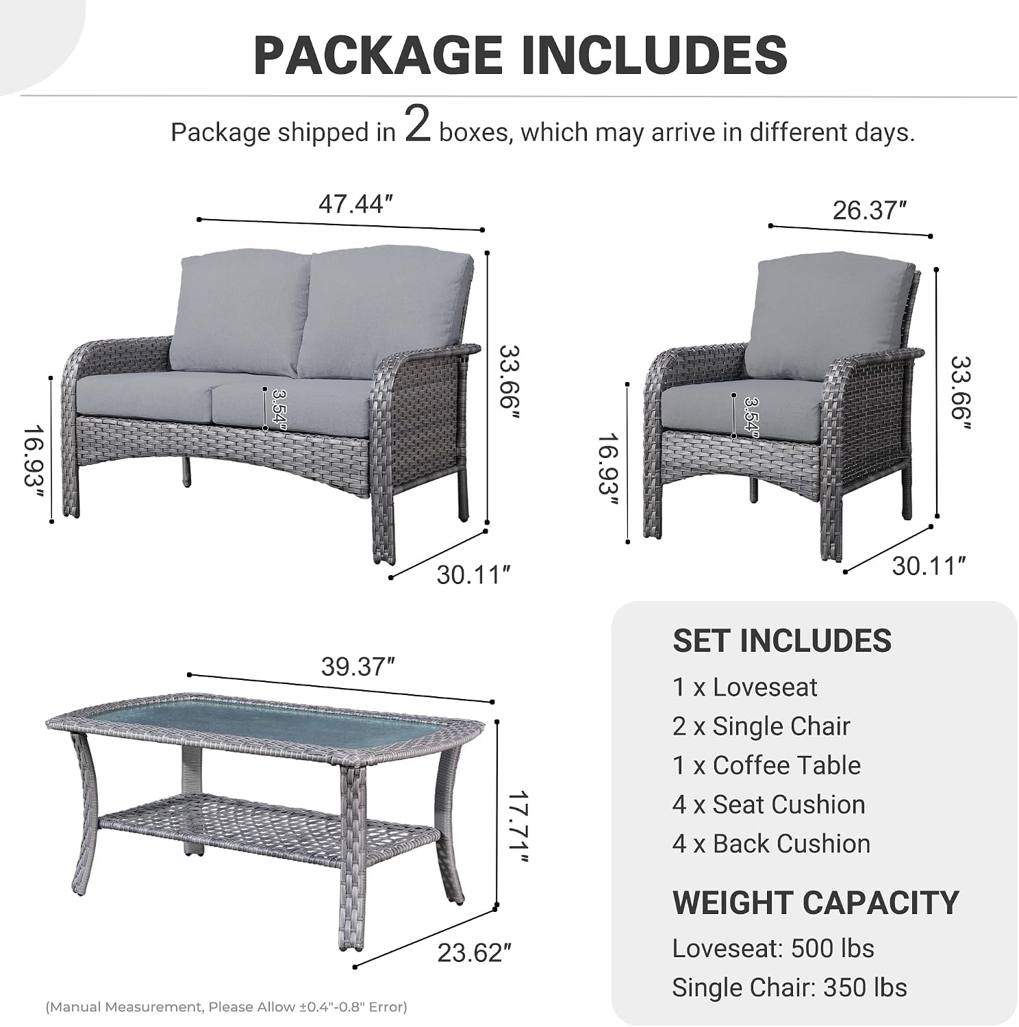 ovios 4-Piece Patio Furniture Set, Outdoor Wicker Sofa with Chairs Coffee Table, High Back Rattan Couch Loveseat with Comfy Cushions for Porch Yard Deck, Dark Grey