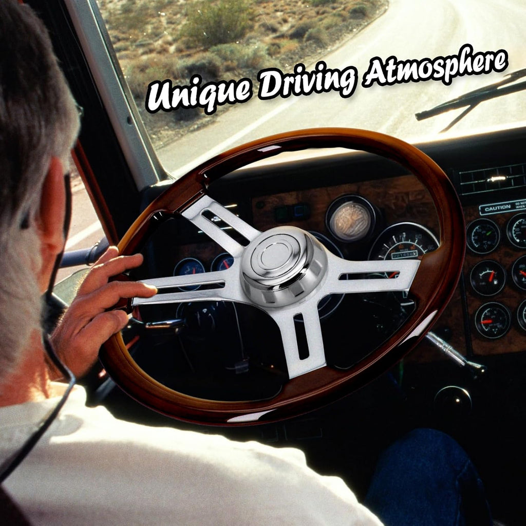 Sorghum 18' Solid Wood Steering Wheel - 4 Spokes Aluminum Chrome Classic Steering Wheel with Horn Button for Semi-Trailers Trucks Compatible with Mack Kenworth Peterbilt Volvo Freightliner