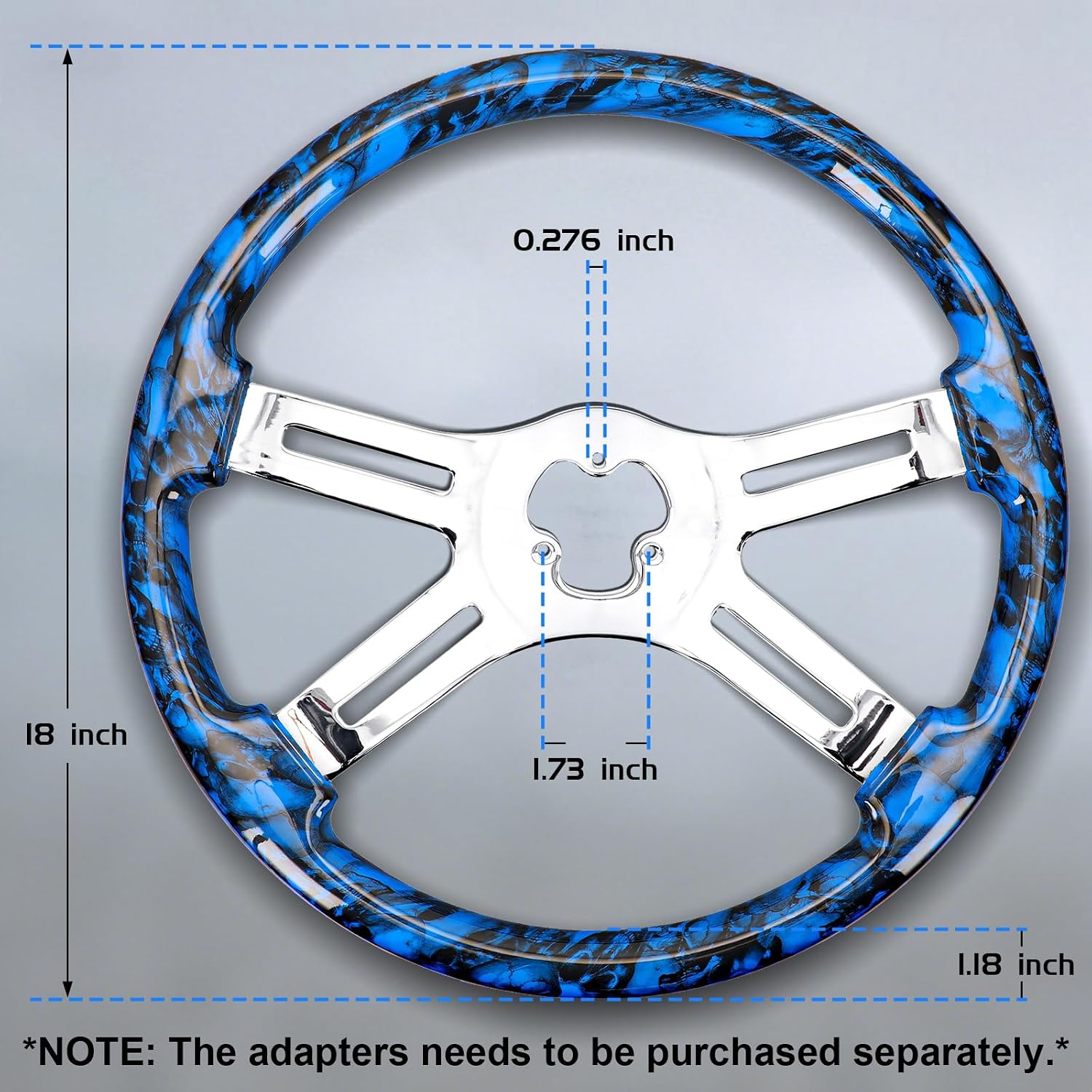 Sorghum 18' Solid Wood Steering Wheel - Hydrographic Blue Skulls 4 Spokes Aluminum Chrome Steering Wheel with Horn Button for Trucks Compatible with Mack Kenworth Peterbilt Volvo Freightliner
