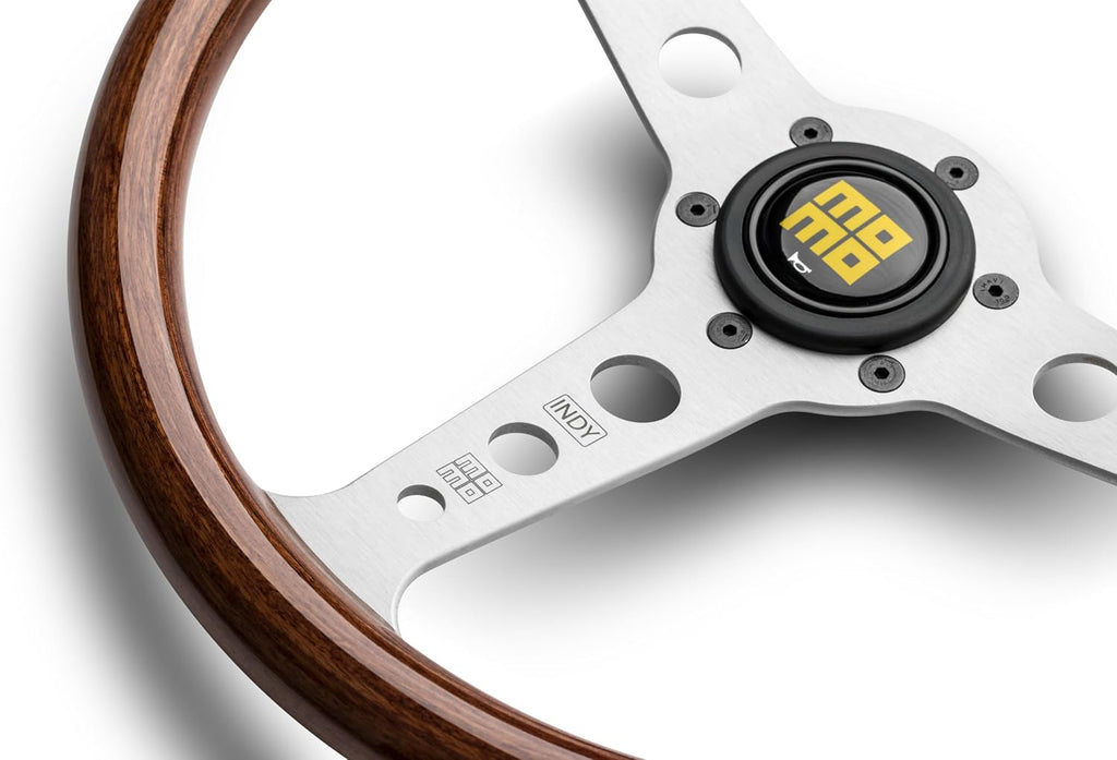 MOMO Motorsport Indy Heritage Steering Wheel Mahogany Wood Grip, Brushed Aluminum Spoke, 350mm