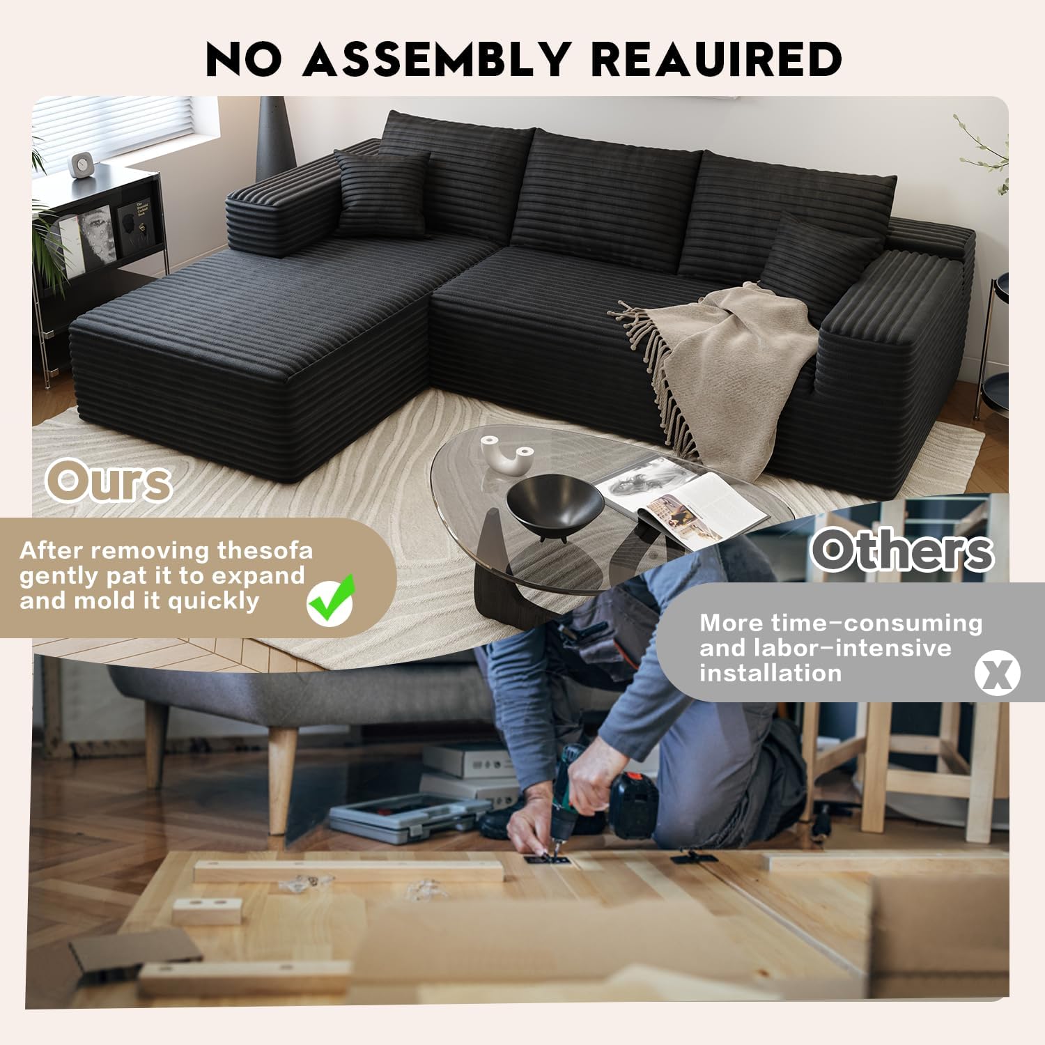 107.5' Cloud Sectional Couch with L-Shape Chaise,Modern Modular Sofa with Deep Seat, Upholstered Couches for Living Room Bedroom Apartments,No Assembly Required, (Black,Left Facing Chaise)