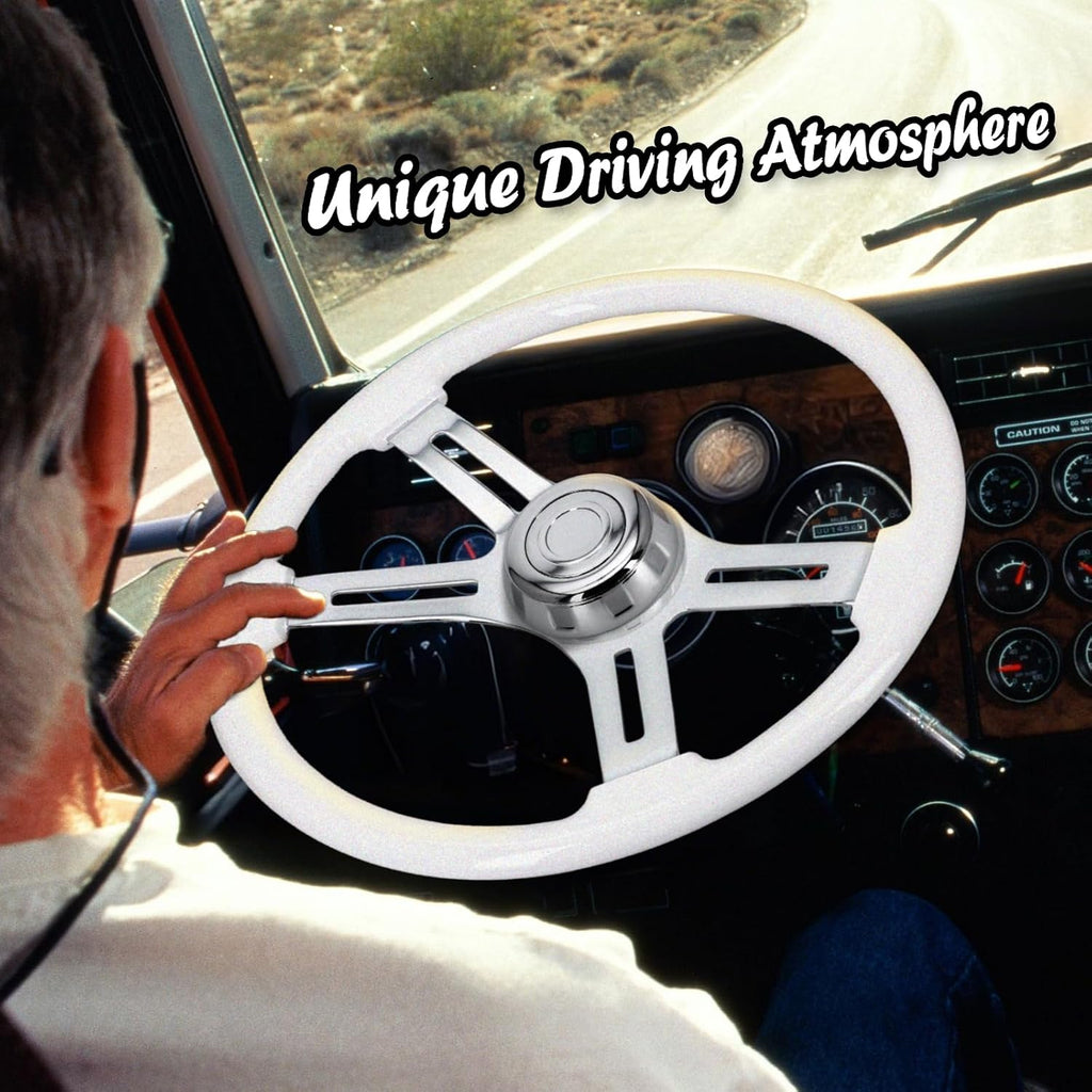 Sorghum 18' Solid Wood Steering Wheel - 4 Spokes Aluminum Chrome Classic Steering Wheel with Horn Button for Semi-Trailers Trucks Compatible with Mack Kenworth Peterbilt Volvo Freightliner-White