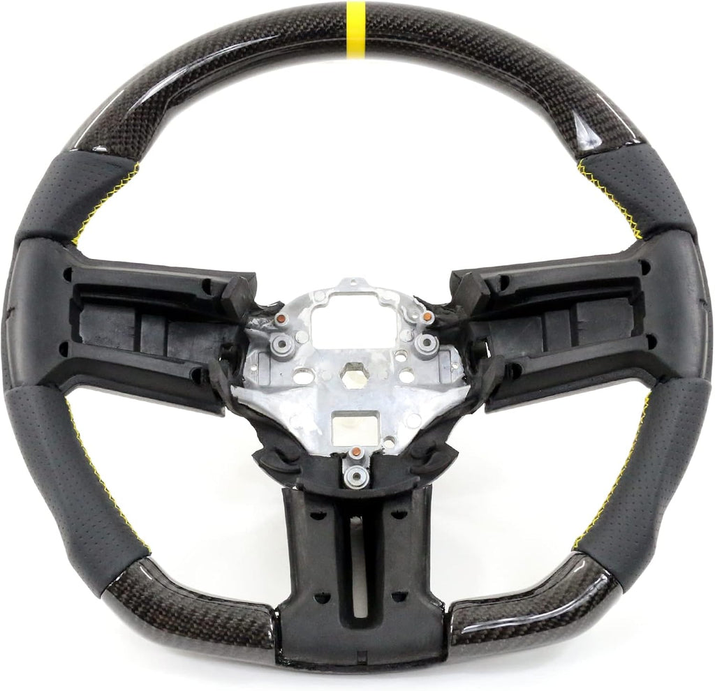IKON MOTORSPORTS, Steering Wheel Compatible with 2010-2014 Ford Mustang, Steering Wheel Bodykit Replacement Carbon Fiber & Leather Yellow Stitch & Indicator, 2011 2012 2013