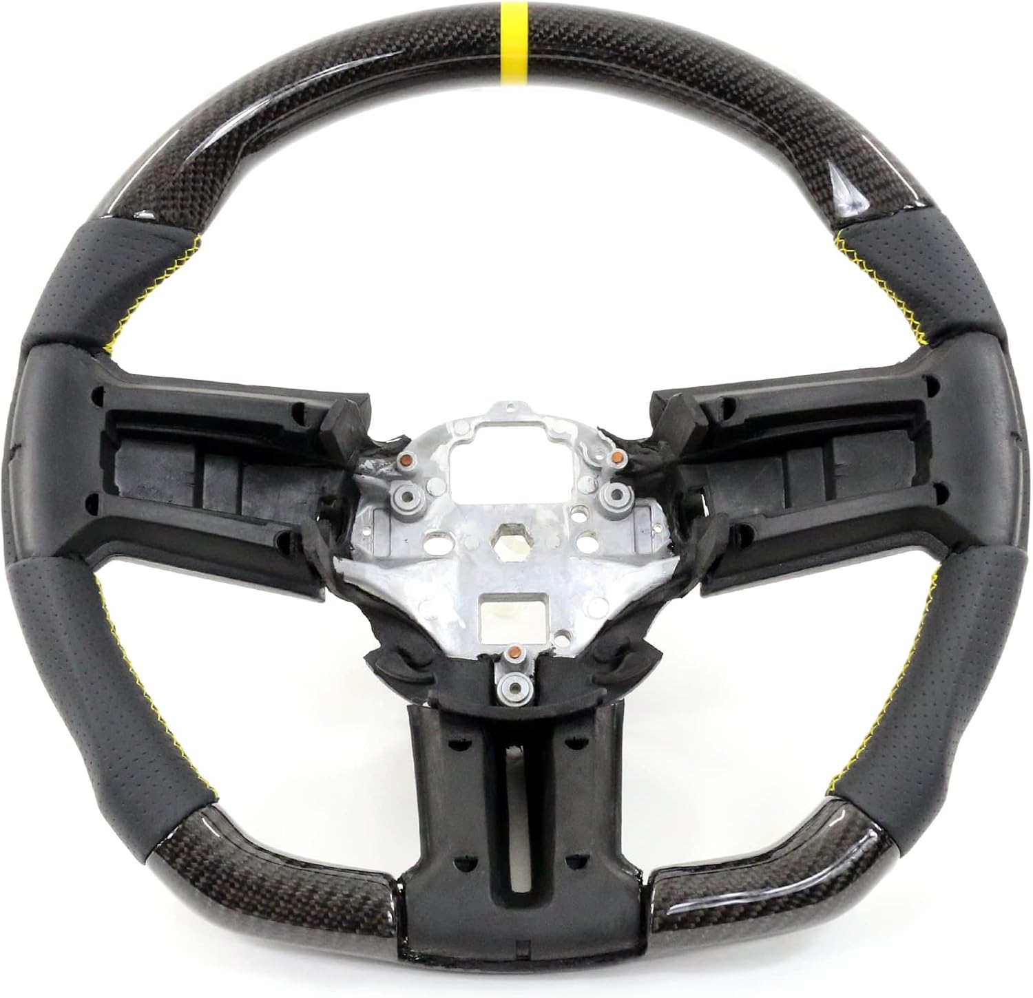 IKON MOTORSPORTS, Steering Wheel Compatible with 2010-2014 Ford Mustang, Steering Wheel Bodykit Replacement Carbon Fiber & Leather Yellow Stitch & Indicator, 2011 2012 2013