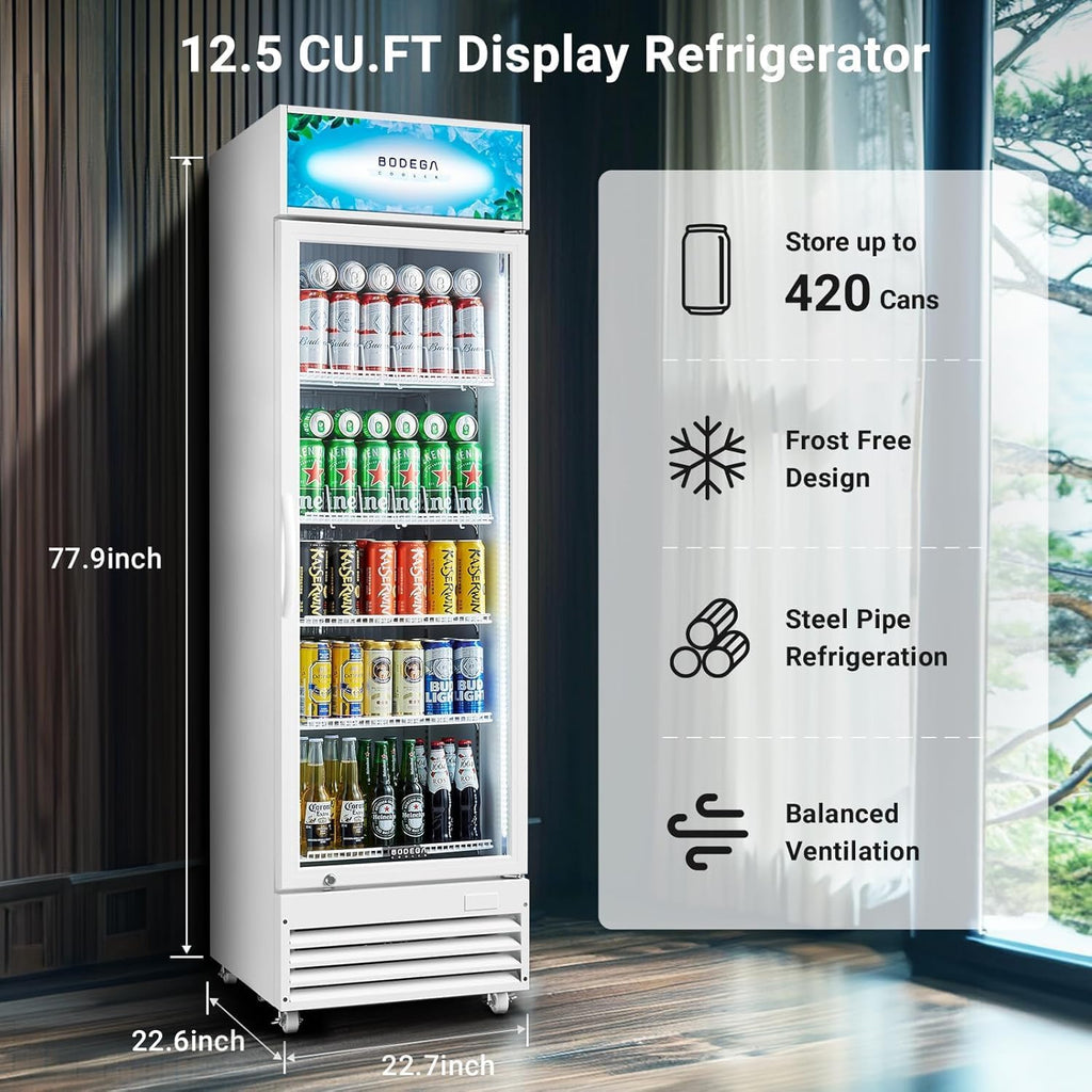 BODEGA BODEGACOOLER Commercial Beverage Refrigerator with Glass Door,12.5 Cu.Ft Drink Refrigerator,Upright Large Display Merchandiser Beverage Bar Cooler Hold Beer,Soda Drinks,Wine with LED Light Box