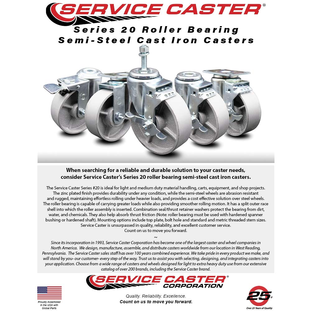 Semi Steel Cast Iron Swivel Bolt Hole Caster Set of 4 w/3' x 1.25' Silver Wheels - Includes 4 Swivel with Posi Lock Brakes - 1200 lbs Total Capacity - Service Caster Brand