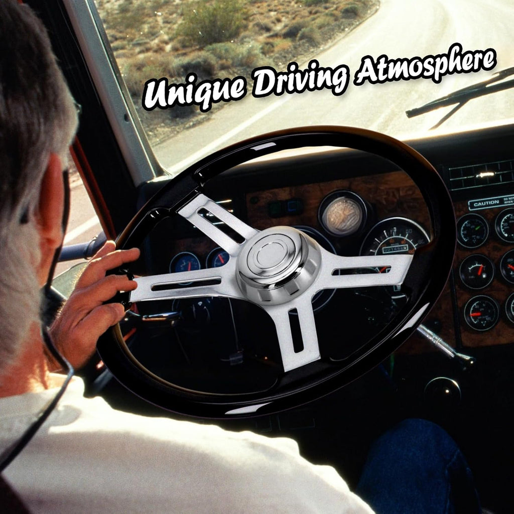 Sorghum 18' Solid Wood Steering Wheel - 4 Spokes Aluminum Chrome Classic Steering Wheel with Horn Button for Semi-Trailers Trucks Compatible with Mack Kenworth Peterbilt Volvo Freightliner-Black