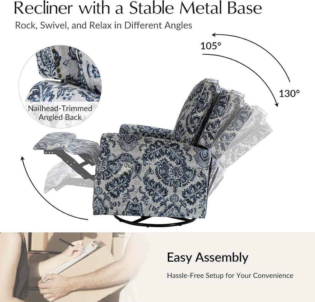 HULALA Home Modern Rocker Recliner, Printed Fabric Swivel Glider with Adjustable Backrest & Footrest, Comfy Upholstered Manual Recliner Chair Home Theater Singe Sofa for Bedroom Living Room, Damask