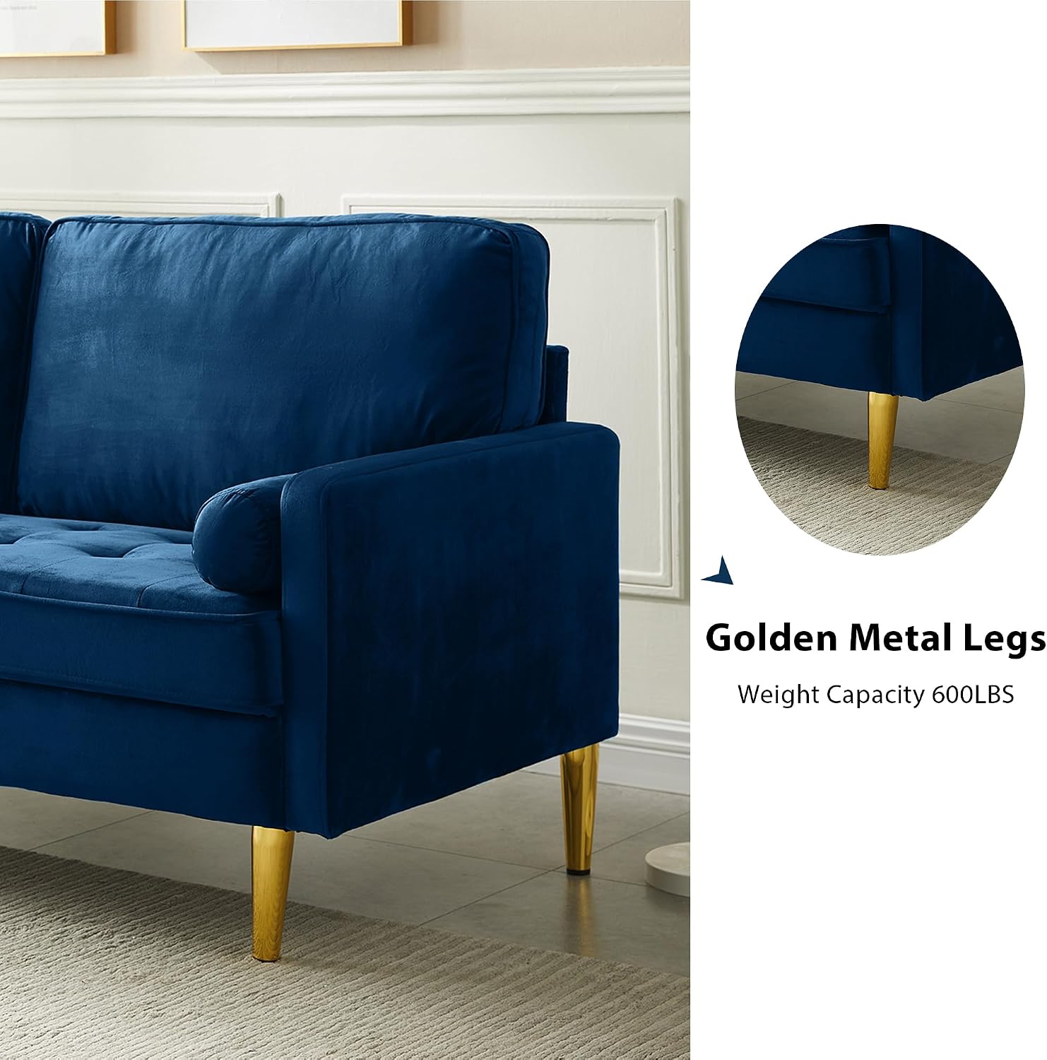67' Modern Velvet Loveseat Sofa Couch, Mid-Century Tufted Upholstered Small Love Seat Couch with 2 Pillows & 4 Golden Legs, 2-Seats Couches for Compact Space, Living Room, Apartment (Navy)