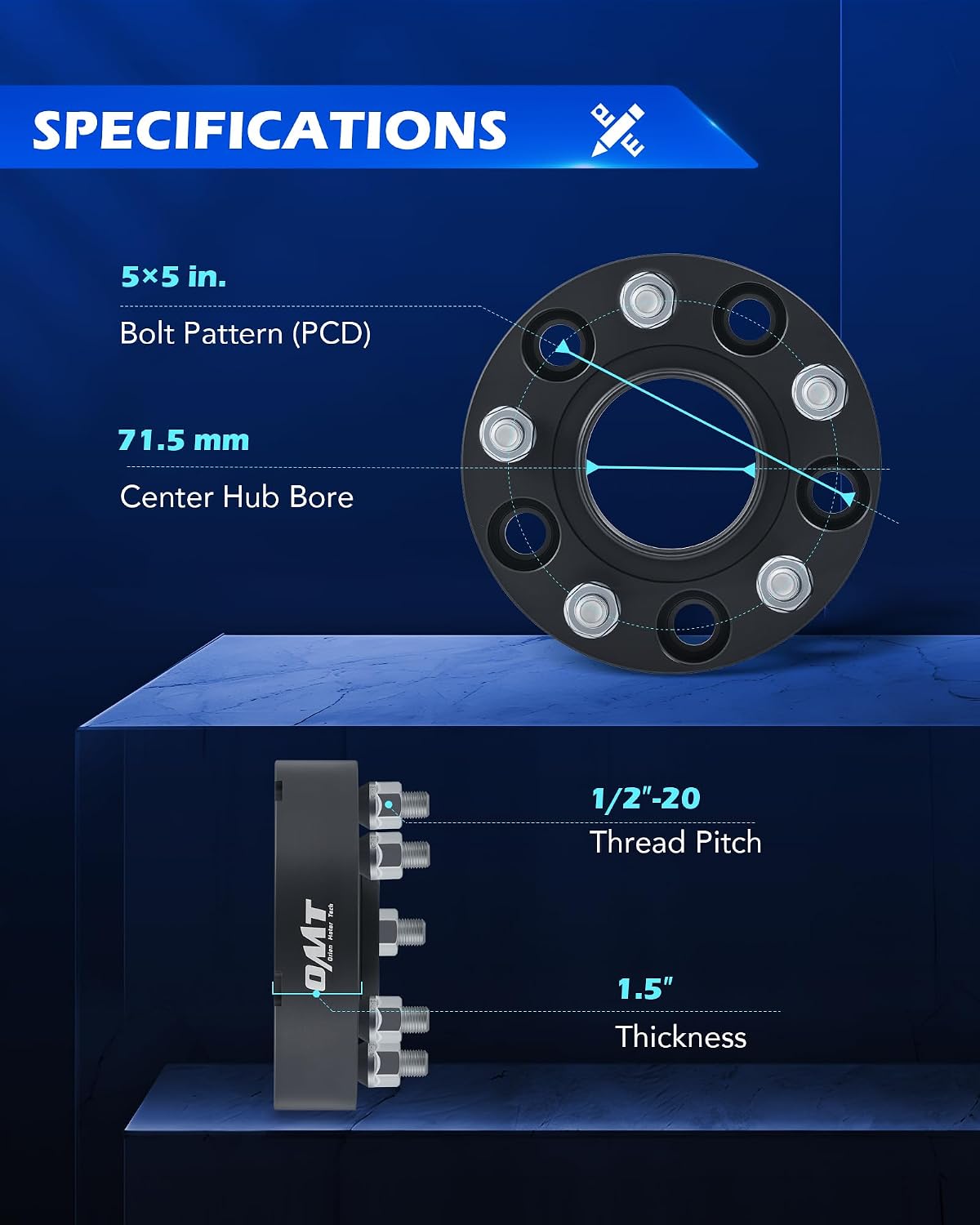 Orion Motor Tech 5x5 Wheel Spacers Compatible with Jeep Wrangler JK Grand Cherokee Commander, 1.5' Wheel Spacers with 1/2x20 Studs, 5x127 71.5 mm Hub Centric Wheel Spacer Kit, Set of 4, Black