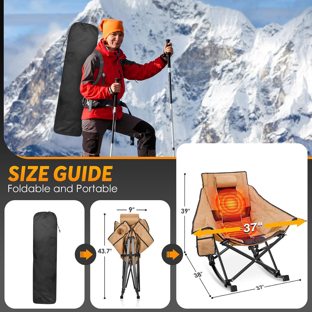 Suteck Heated Rocking Camping Chair - Fully Thicker Padded Heated Chairs for Outdoor Sports W/3 Heat Levels for Back & Seat, Heated Folding Chair for Adults with Carry Bag- Battery NOT Included