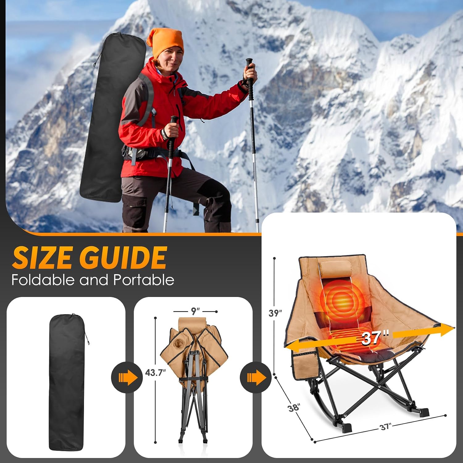 Suteck Heated Rocking Camping Chair - Fully Thicker Padded Heated Chairs for Outdoor Sports W/3 Heat Levels for Back & Seat, Heated Folding Chair for Adults with Carry Bag- Battery NOT Included