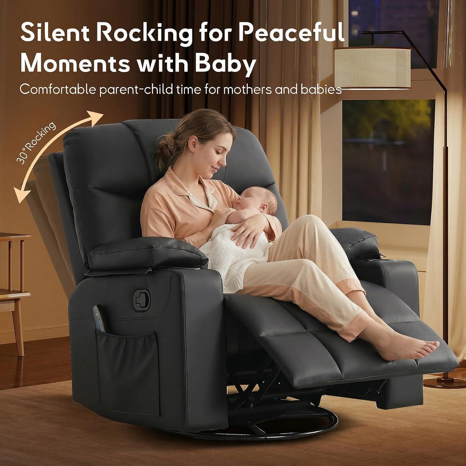 Bonzy Home Oversized Swivel Rocker Recliner, 40' Rocking Recliner Chair with Heated and Massage, PU Leather Single Sofa with Swivel Function, 2 Cup Holders for Living Room Bedroom, Black