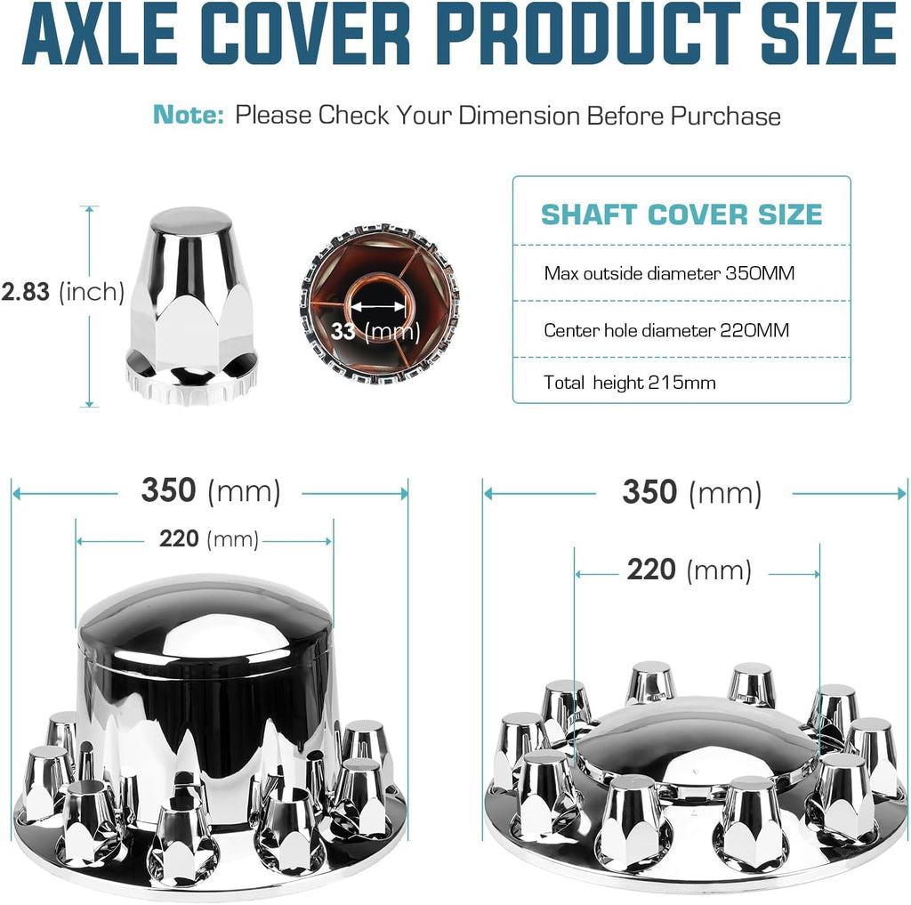 2 Front and 4 Rear Axle Wheel Covers 33mm Axle Cover Dome Chromed Thread-On Standart Lug Nut Covers with Removable Hub Caps for Semi Truck (Installation Tool Included)