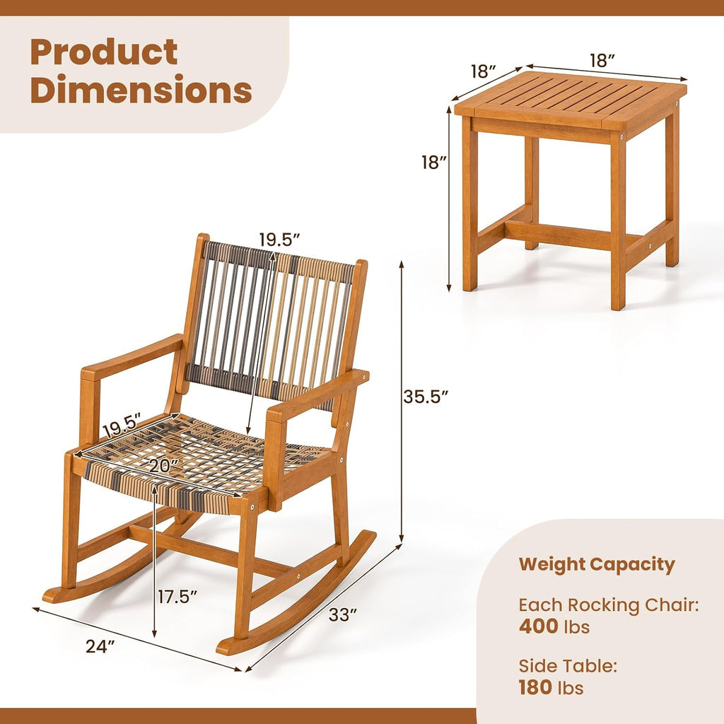 Tangkula 3 Piece Patio Rocking Set, Acacia Wood Rocker Bistro Set w/Rattan Seat & Back, 2 Outdoor Armchairs w/Square Side Table for Porch, Balcony, Backyard