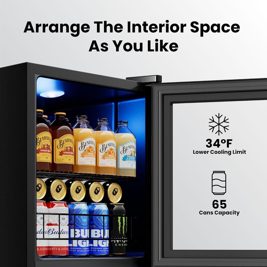 Yeego Beverage Refrigerator Cooler, 65 Cans Drink Mini Fridge with Glass Door for Soda, Beer or Wine, Beverage Cooler with Digital Temperature Control from 34°F to 54°F for Home, Office or Bar (Black)