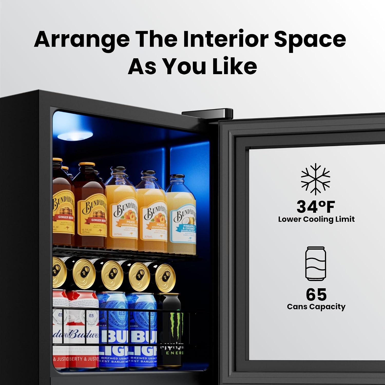 Yeego Beverage Refrigerator Cooler, 65 Cans Drink Mini Fridge with Glass Door for Soda, Beer or Wine, Beverage Cooler with Digital Temperature Control from 34°F to 54°F for Home, Office or Bar (Black)